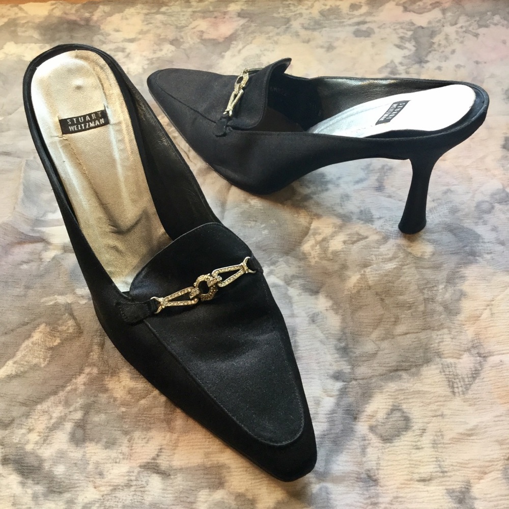 Stuart Weitzman Satin Rhinestone Pointy Mules